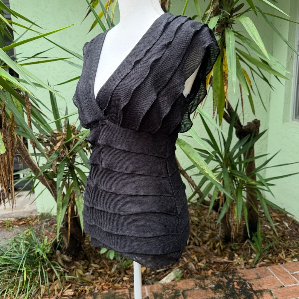 Black V Neck Tiered Ruffle Shirt